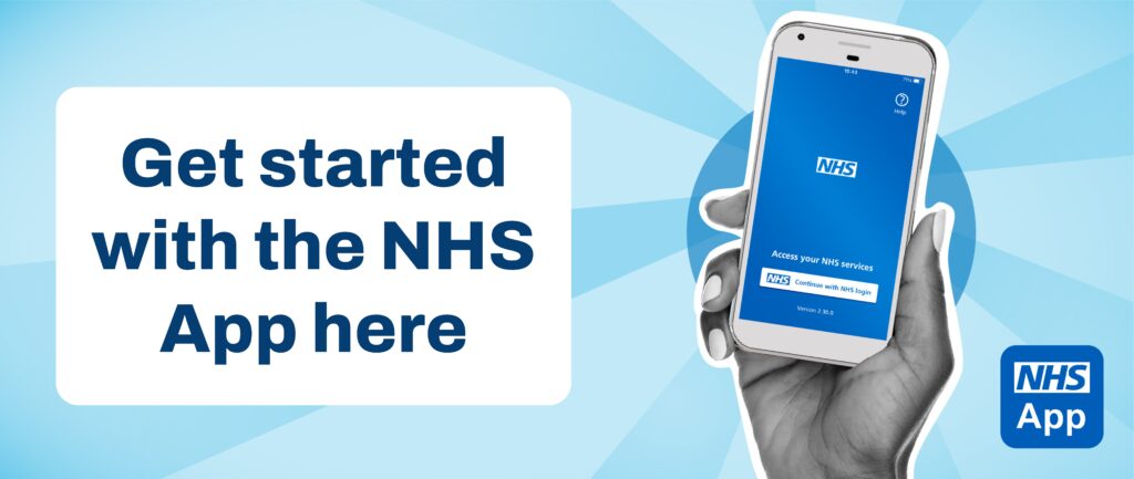 Blue background. NHS App on smartphone, helf by a female hand